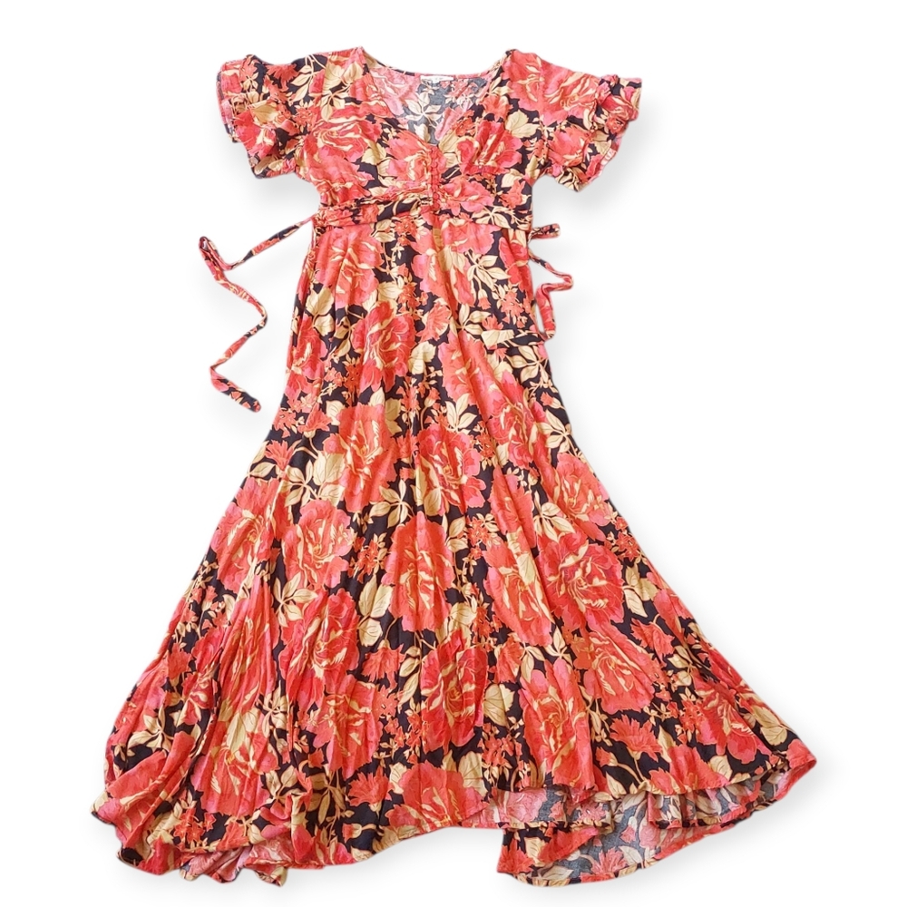 ABEL THE LABEL Floral Maxi Dress Red Orange Yellow Roses Short Sleeve Size M